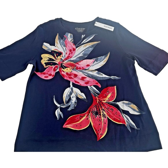 NWT Chico's Navy Floral front 100% cotton Vacation ready size L - Picture 2 of 6